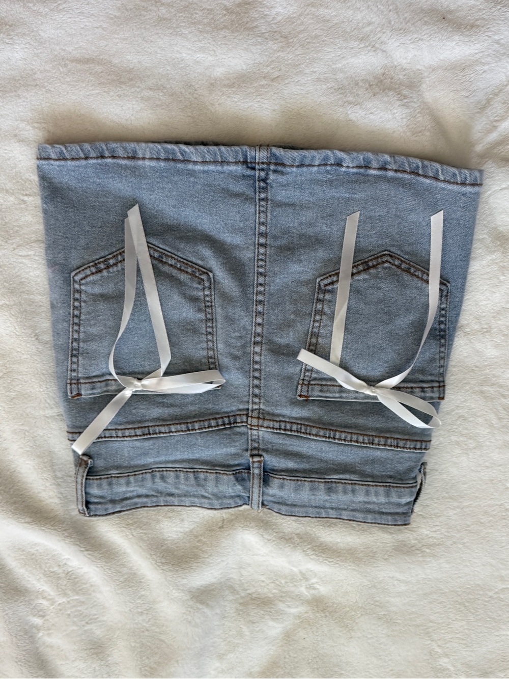 Light Blue Denim Mini Skirt with White Ribbon Bows